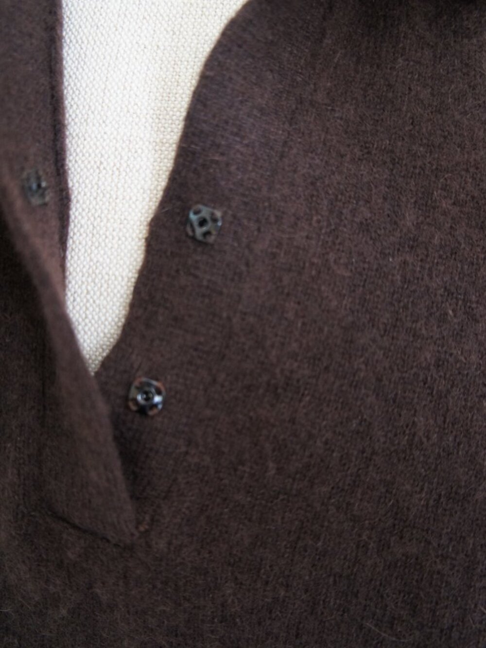 Vintage 90s 100% Cashmere Dark Brown V-Neck Polo Sweater Shirt Size Small - Picture 2 of 11